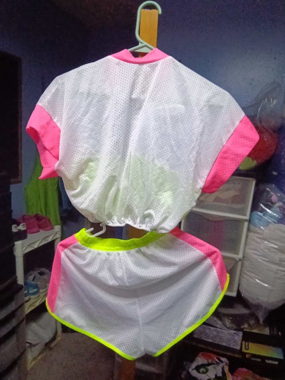 Vintage Neon Yellow & Pink Two-Piece Mesh Athletic Set - Picture 2 of 4